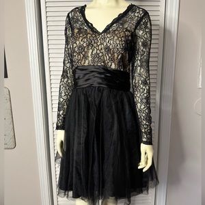Black Lace Satin Tulle Long Sleeve Party Dress
